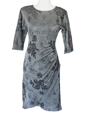 Vintage Lurex Dress Form Fitting Ruched at Hip Silver Black Size 5 Flower Print